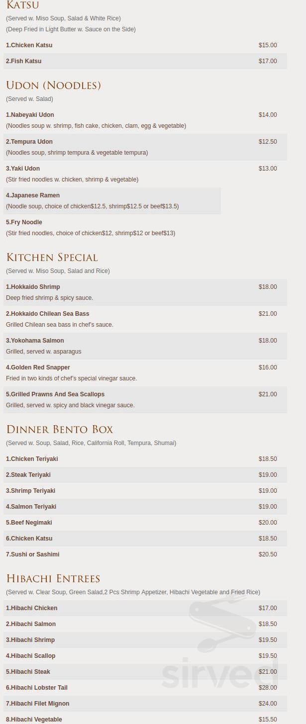 Menu Easton PA's Jasmine Sushi Hibachi & Thai Sirved