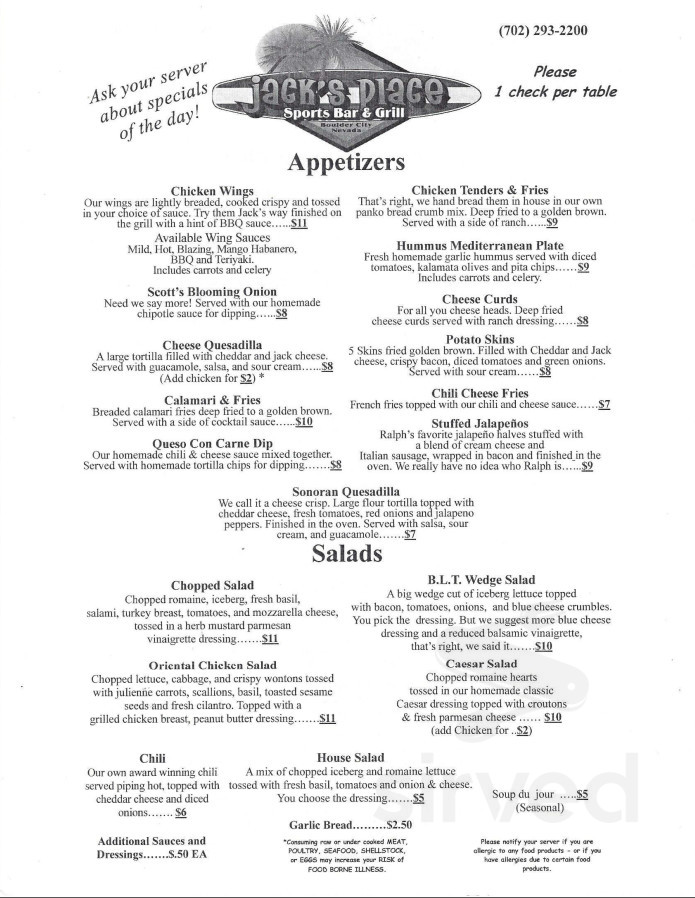 Jack's Place menu in Boulder City, Nevada, USA