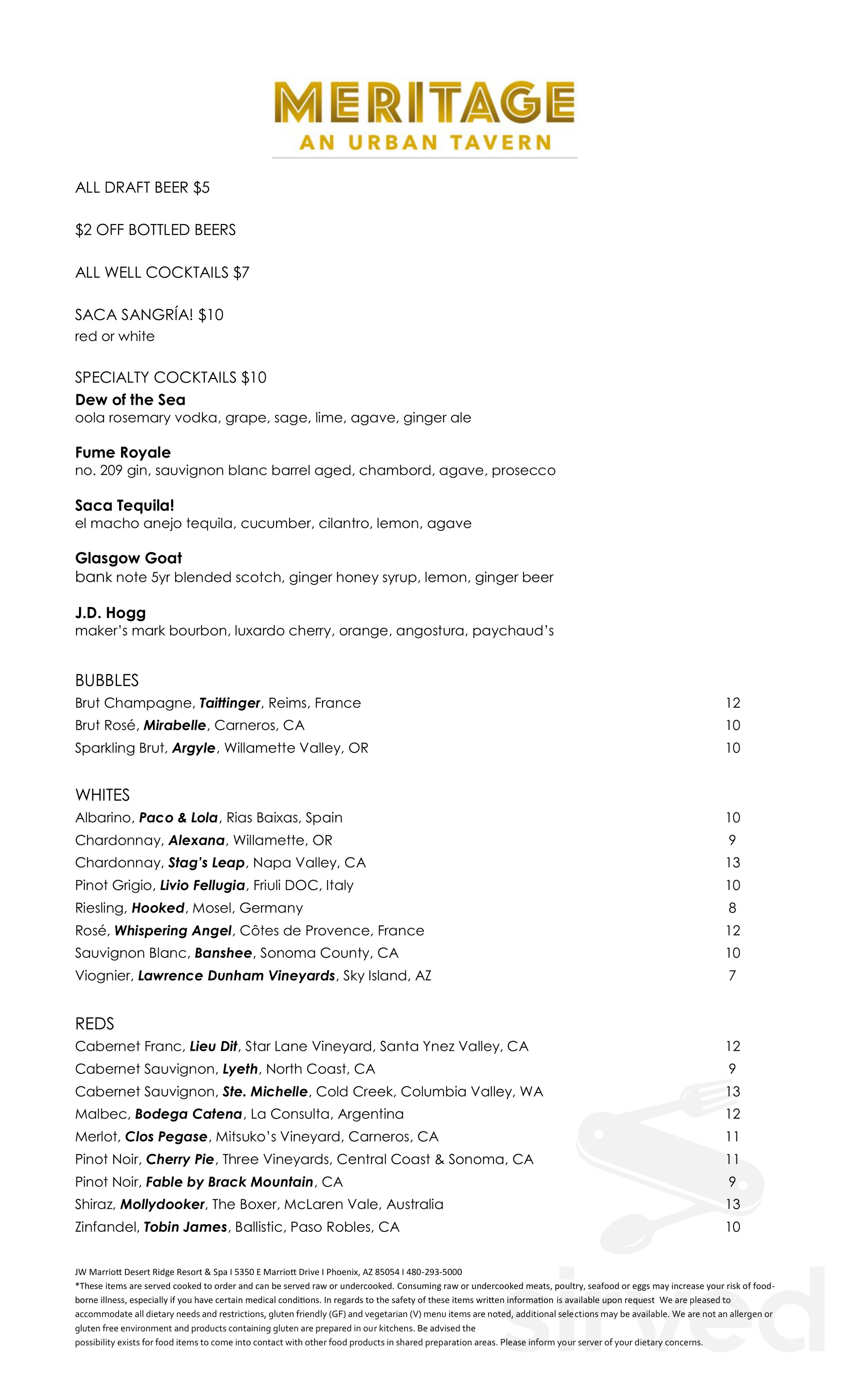 Menu - Phoenix AZ's MERITAGE - an urban tavern | Sirved