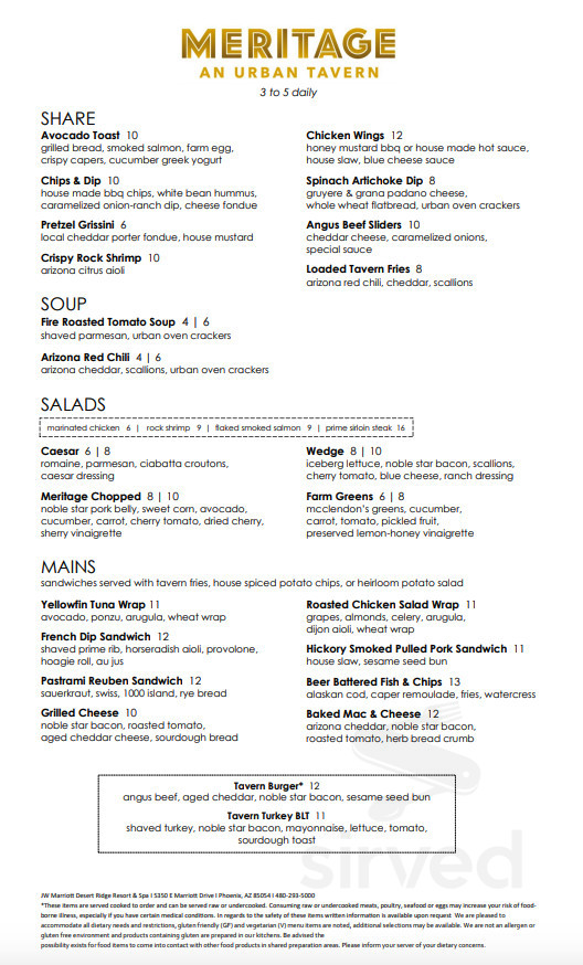 Menu - Phoenix AZ's MERITAGE - an urban tavern | Sirved
