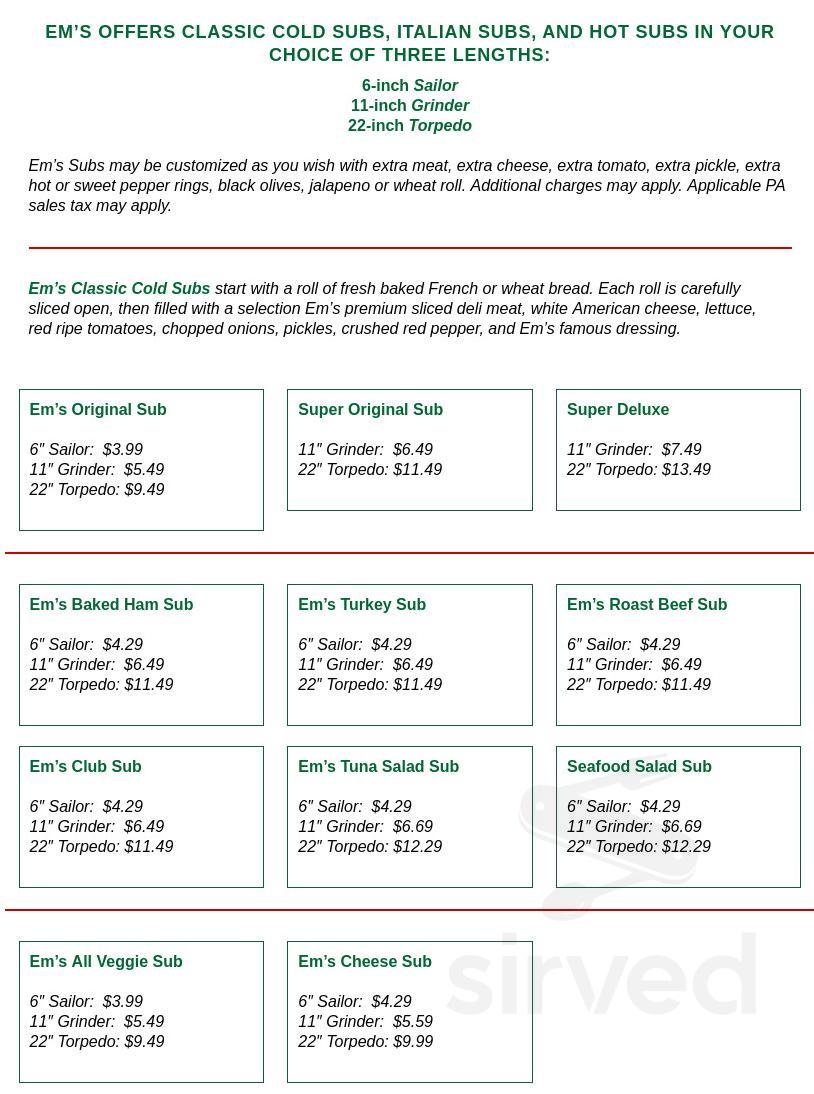 Menu for Em's Subs in Salix, PA | Sirved