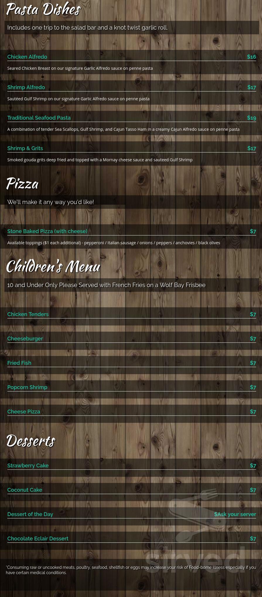 Menu - Foley AL's Wolf Bay Restaurant at Foley | Sirved