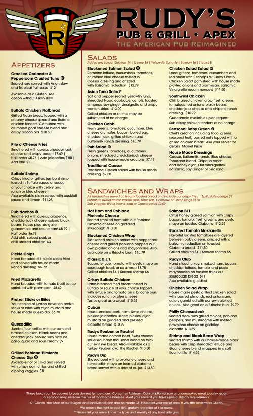 Rudy's Pub & Grill menu in Apex, North Carolina, USA