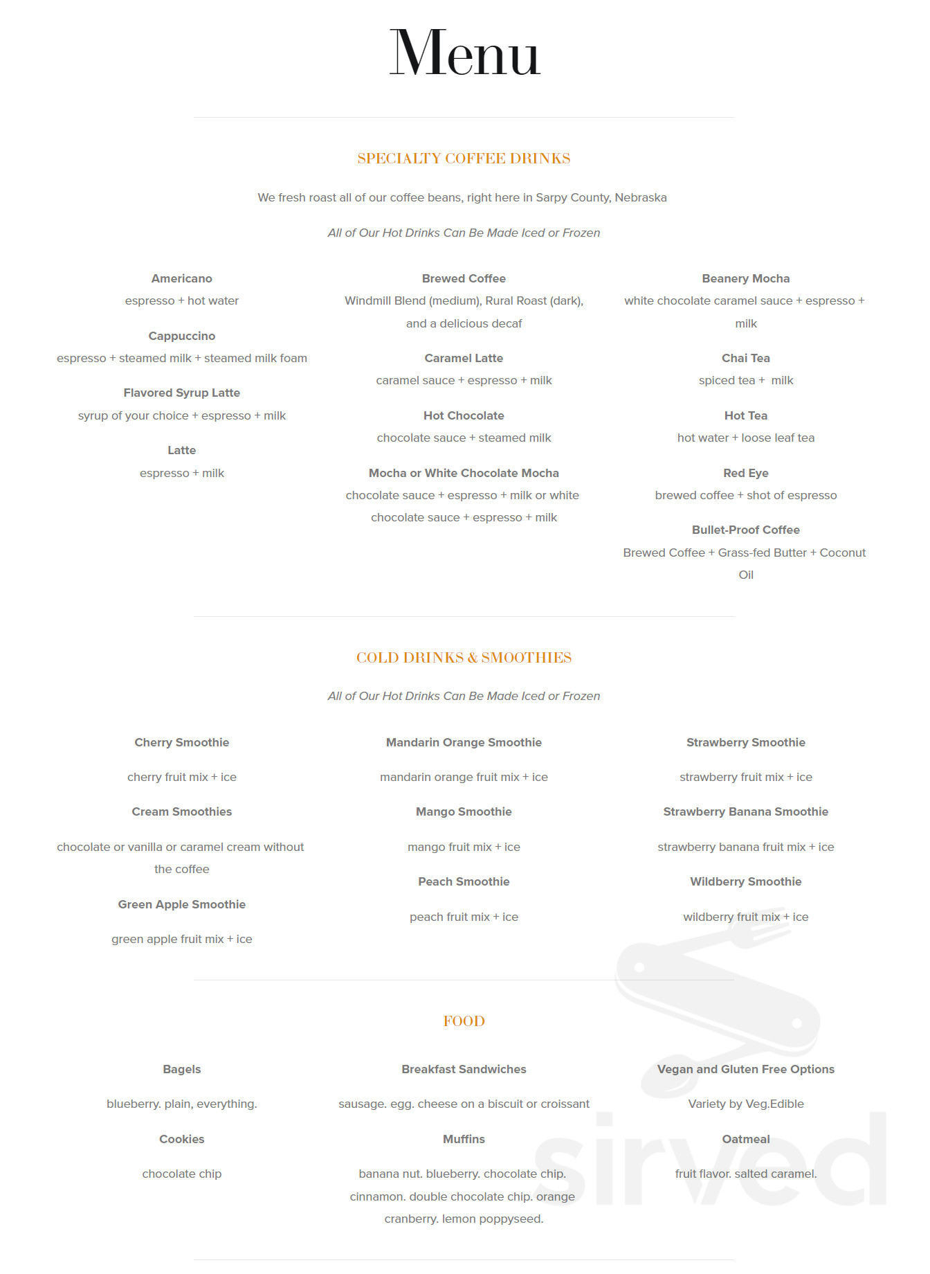 Menu for The Beanery in Gretna, NE | Sirved