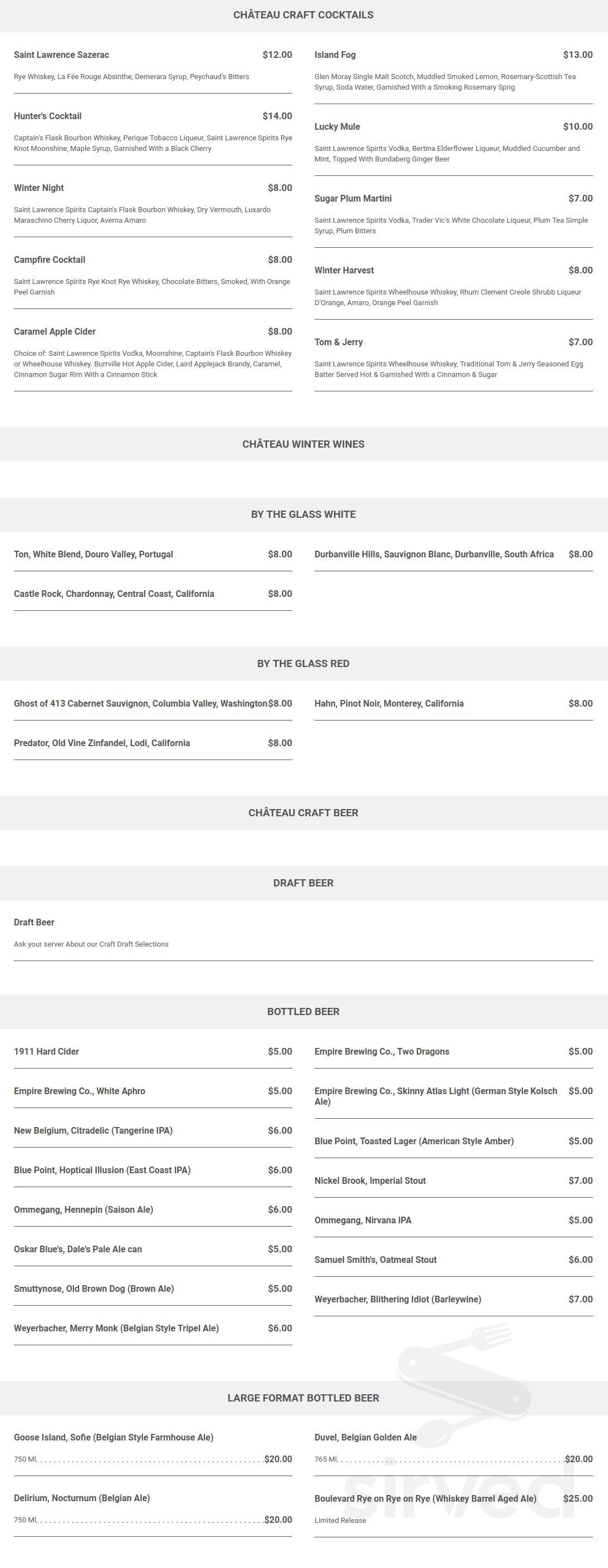 Saint Lawrence Spirits Château menu in Clayton, New York, USA