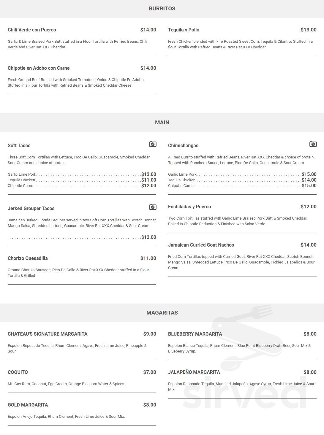 Saint Lawrence Spirits Château menu in Clayton, New York, USA