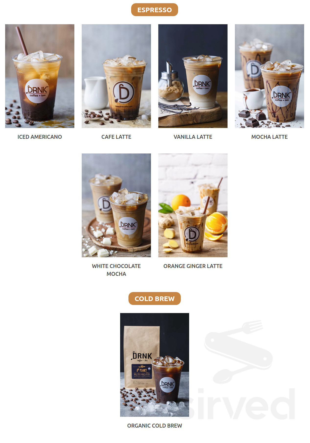 DRNK coffee + tea menu in Tempe, Arizona, USA