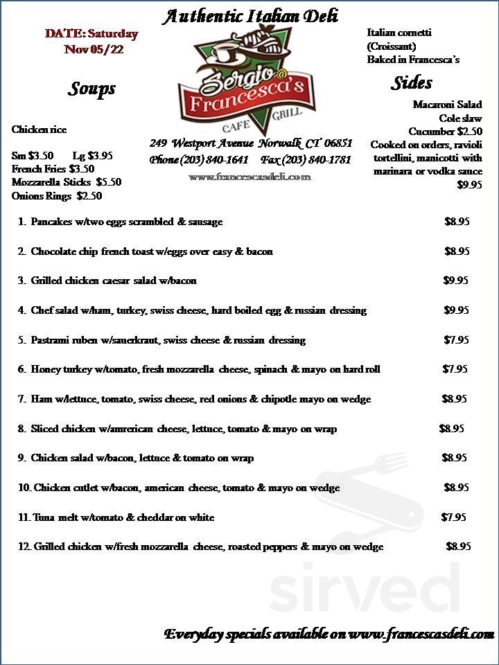 Sergio'sFrancesca's Deli menu in Norwalk, Connecticut, USA