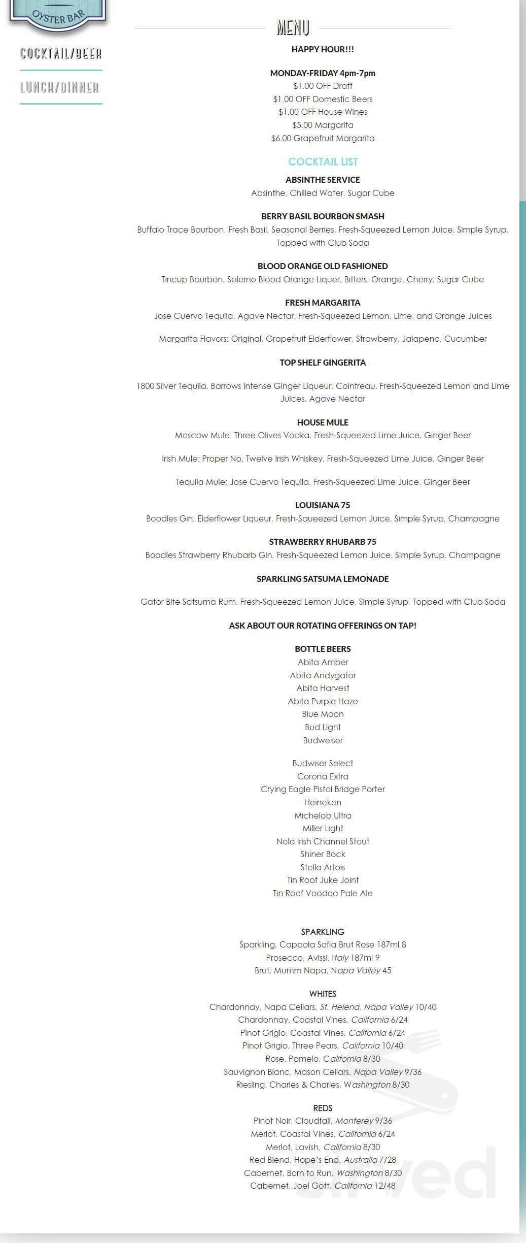 Menu Baton Rouge LA's Jolie Pearl Oyster Bar Sirved