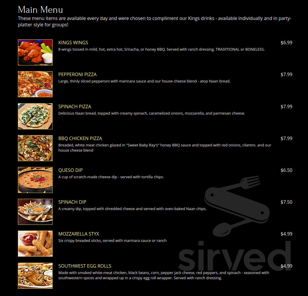 Kings Live Music menu in Conway, Arkansas, USA