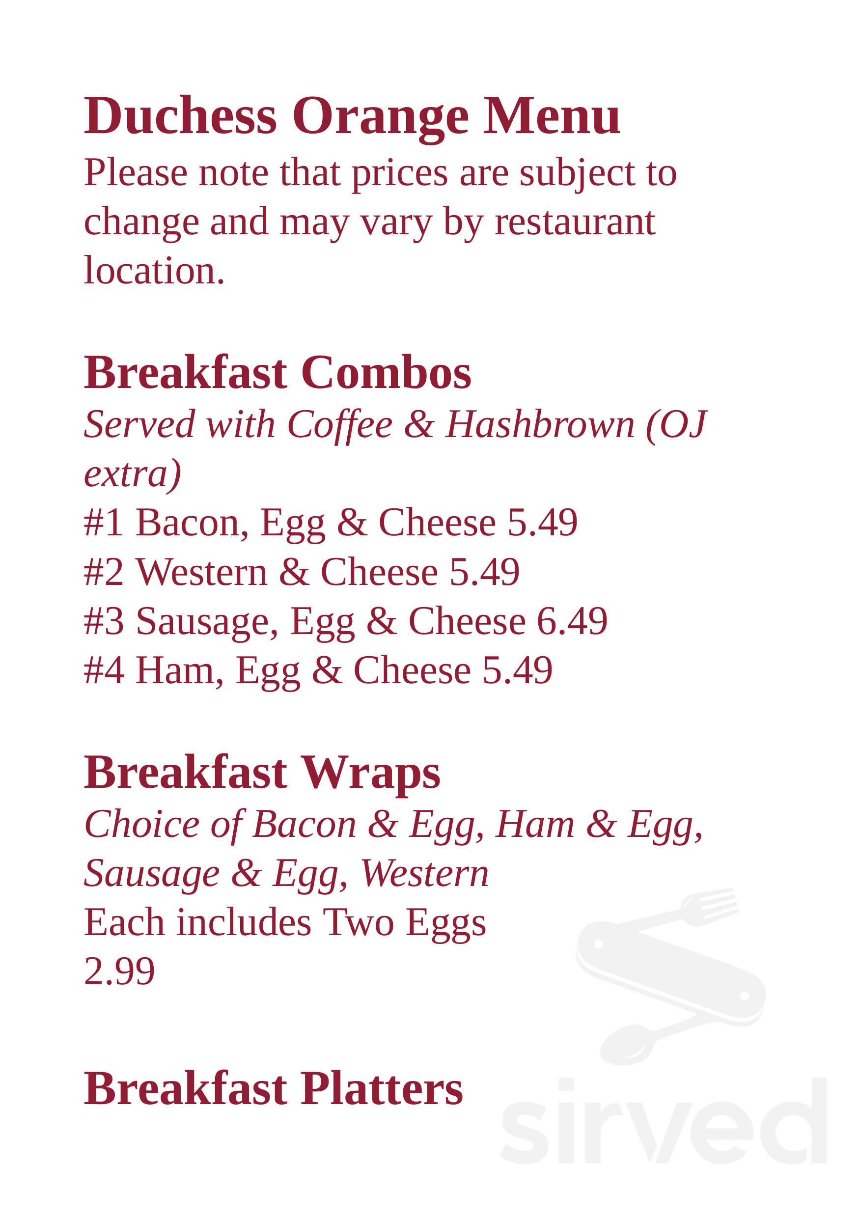 Duchess breakfast menu in Stratford, Connecticut