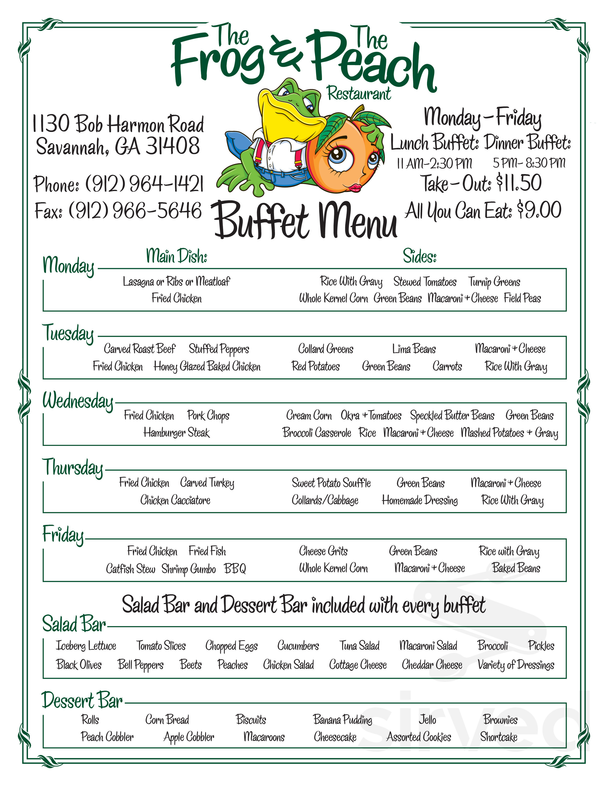 The Frog and The Peach Southern Buffet menu in Savannah, Georgia