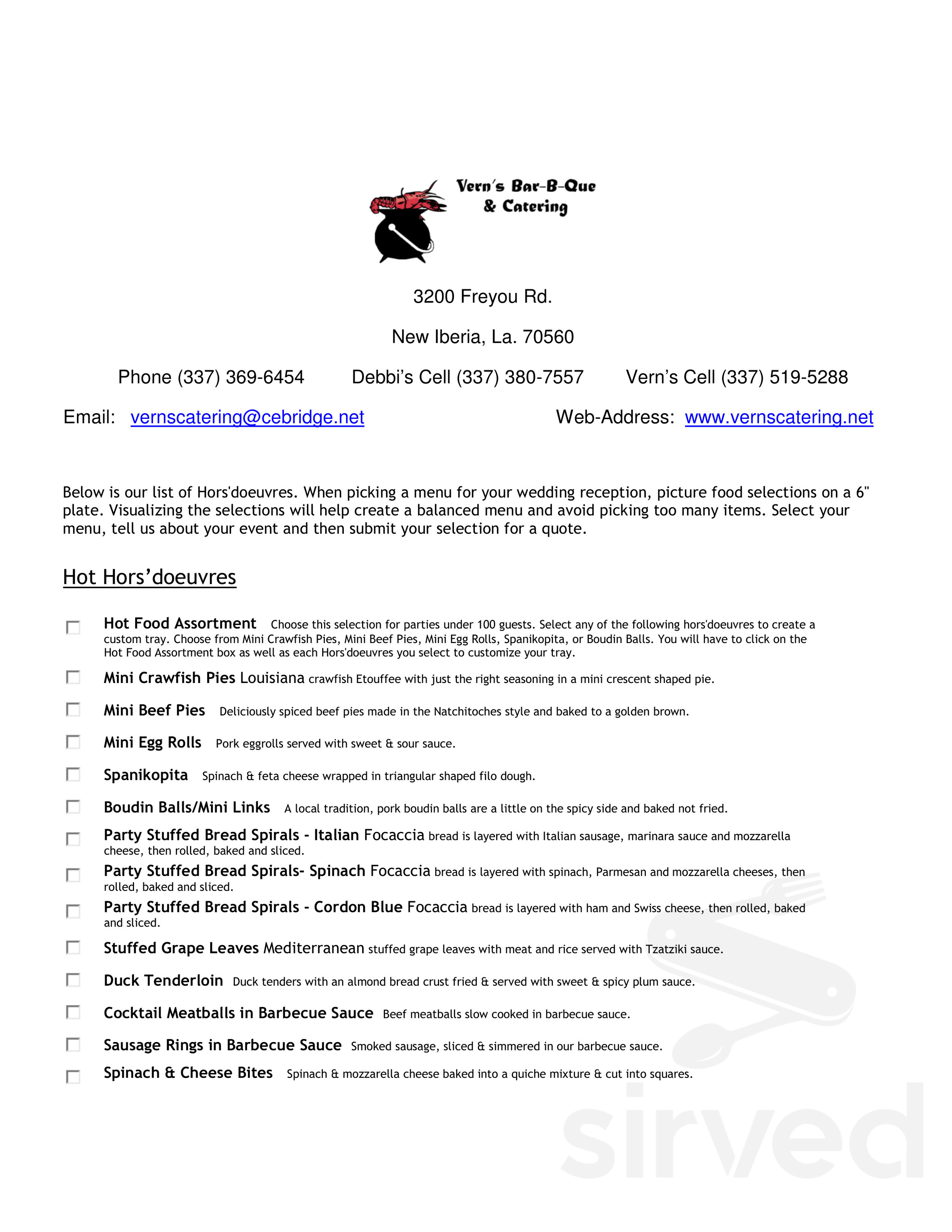 Vern's Barbecue & Catering menu in New Iberia, Louisiana, USA