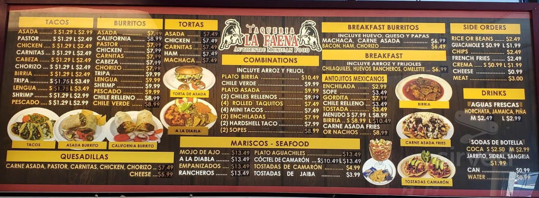 Taqueria La Faena menu in Moreno Valley, California