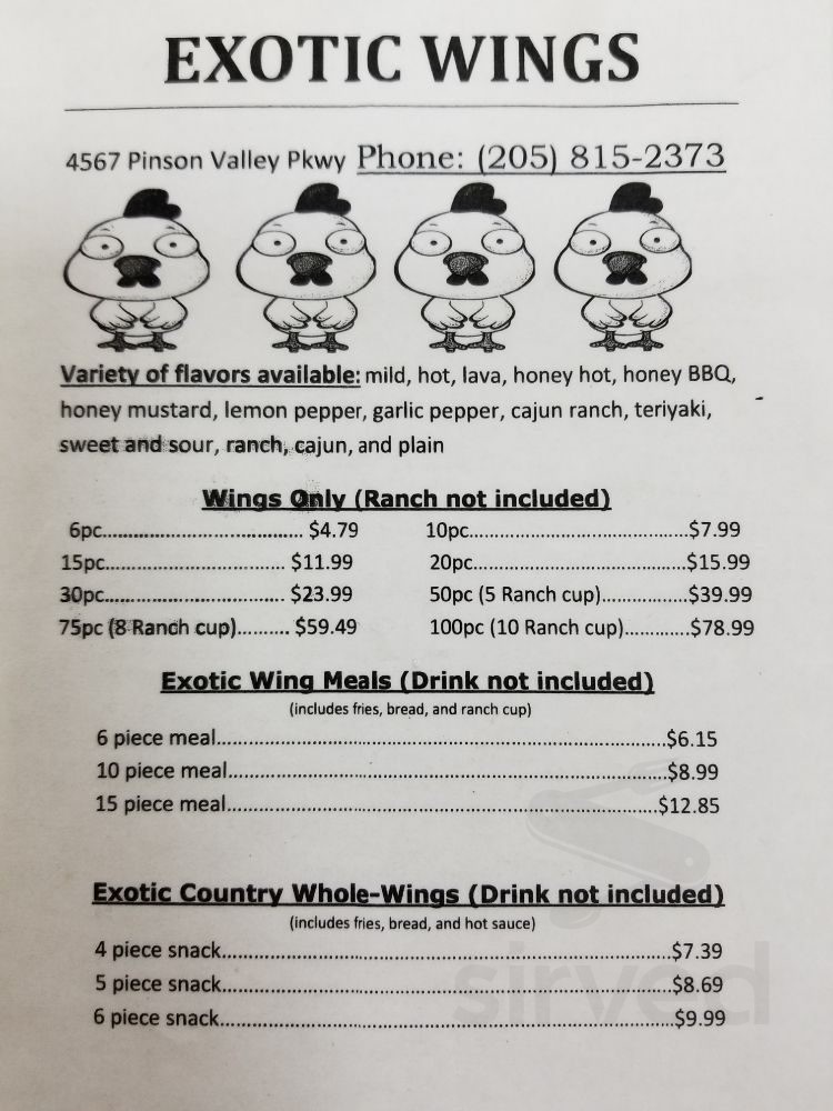 Exotic Wings Pinson menu in Birmingham, Alabama, USA