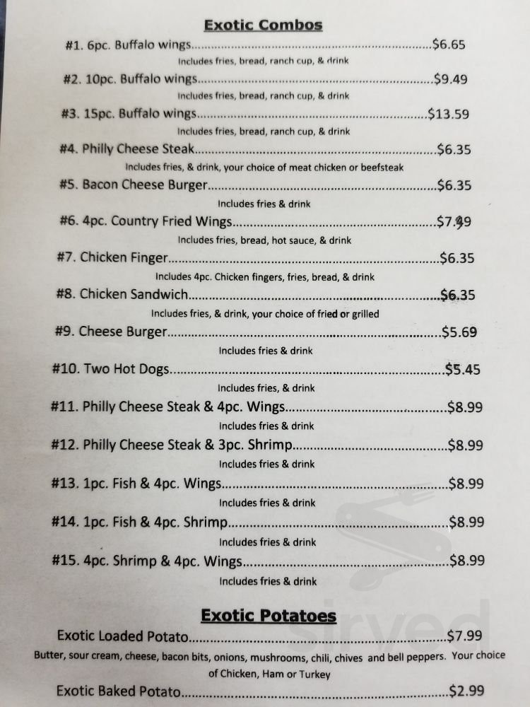 Exotic Wings Pinson menu in Birmingham, Alabama, USA