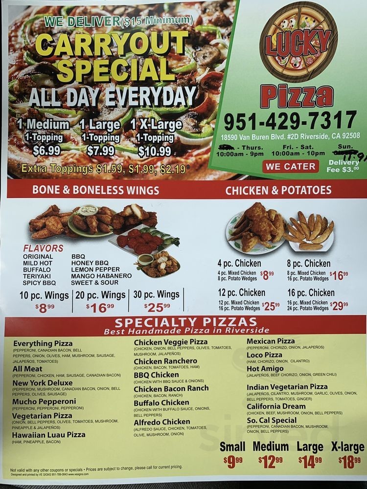 Lucky Pizza menu in Riverside, California