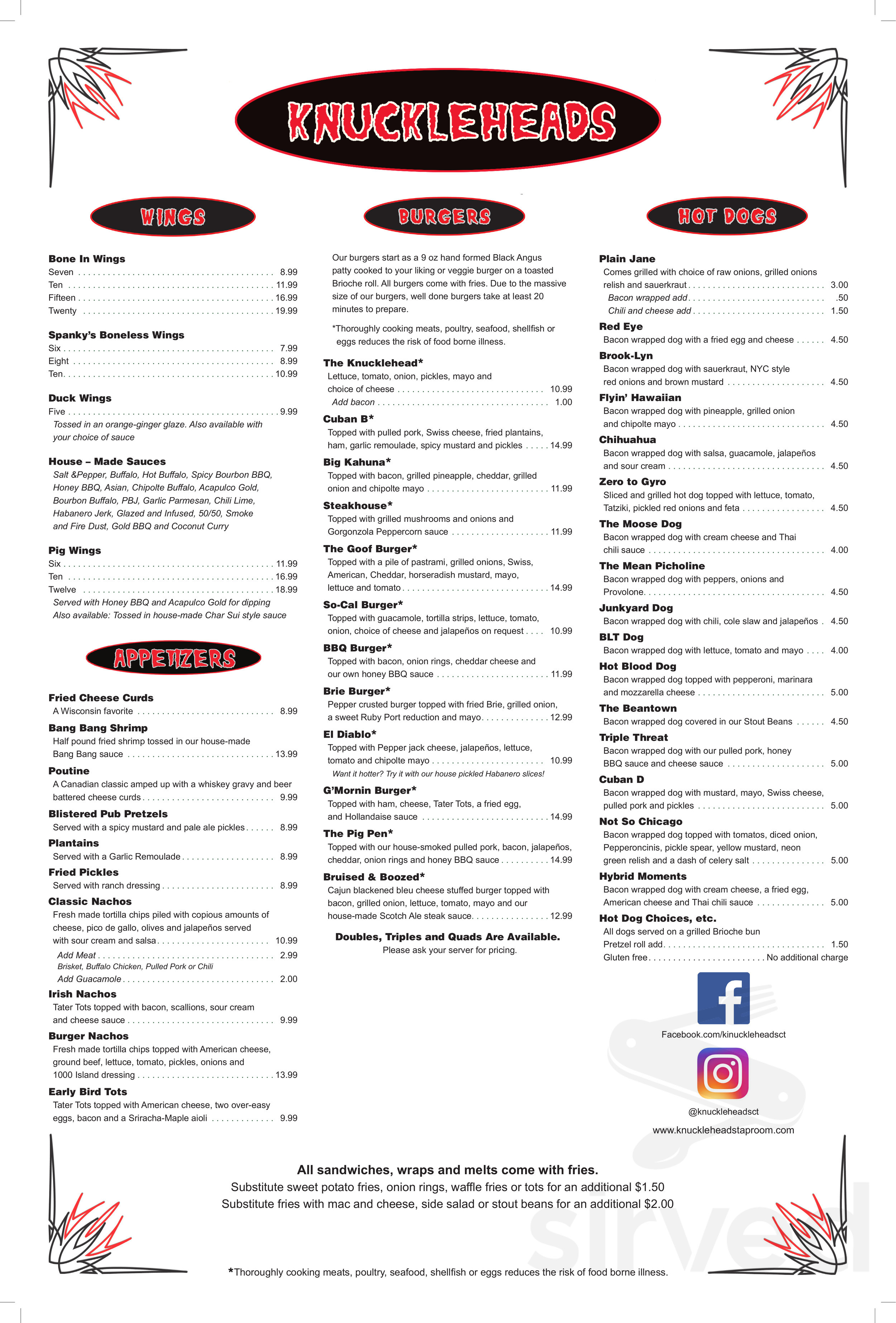 Knuckleheads menu in Wallingford, Connecticut