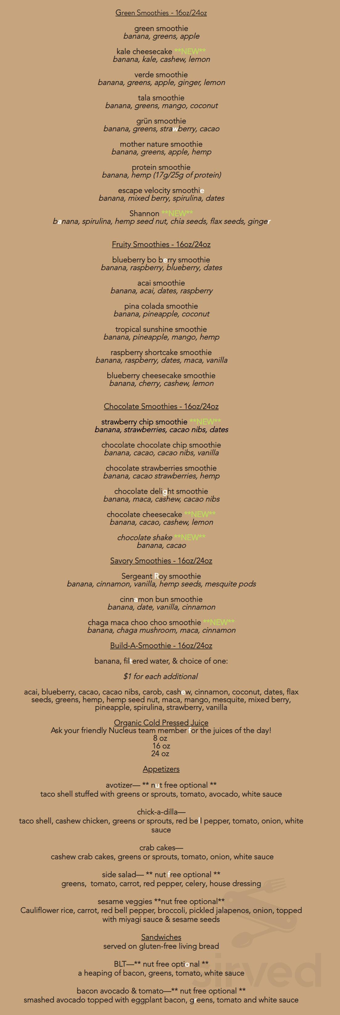 Nucleus Raw Foods menu in Luzerne, Pennsylvania