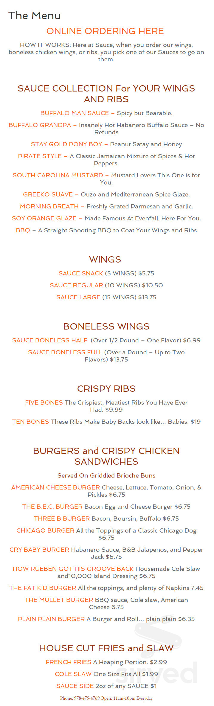Menu Andover MA's Sauce Wings Ribs and Burgers Sirved