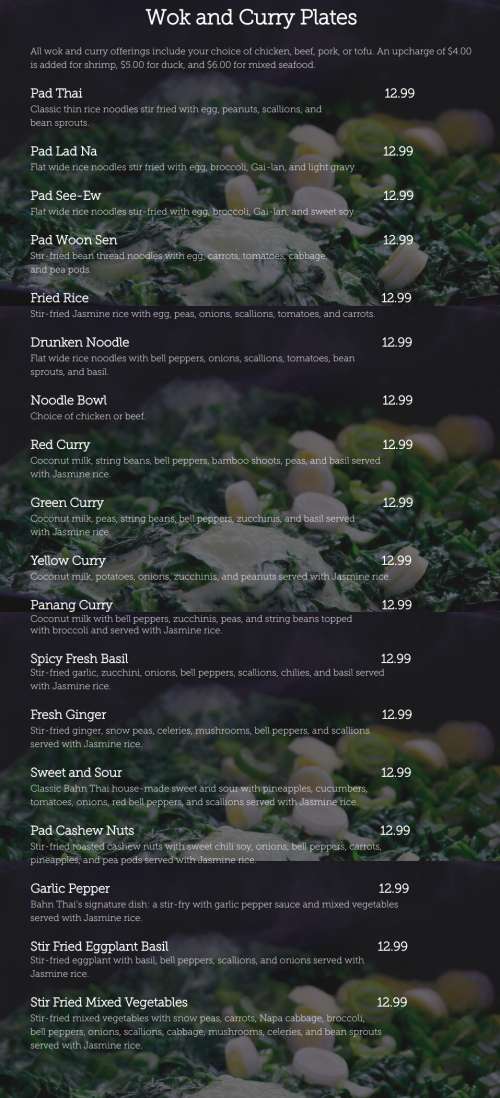 Bahn Thai Restaurant Menu