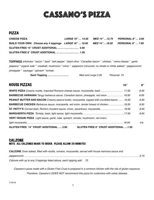 Cassano's menu in San Clemente, California, USA