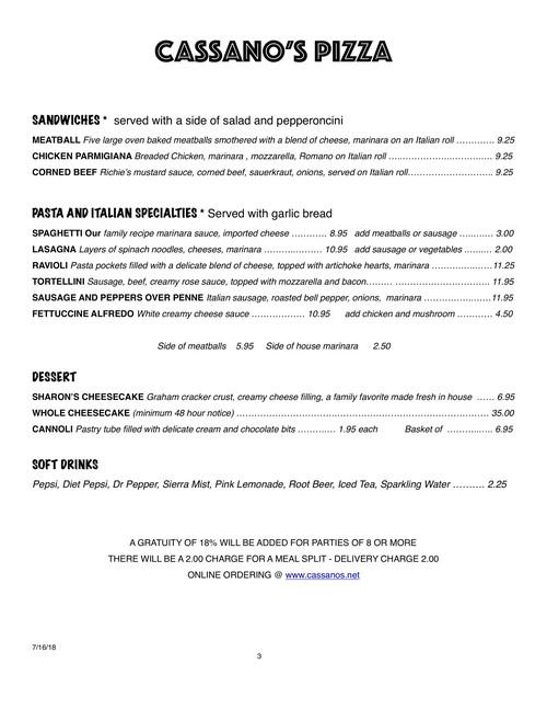 Cassano's menu in San Clemente, California, USA