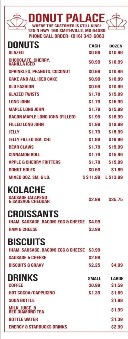 Donut Palace menu in Smithville, Missouri, USA