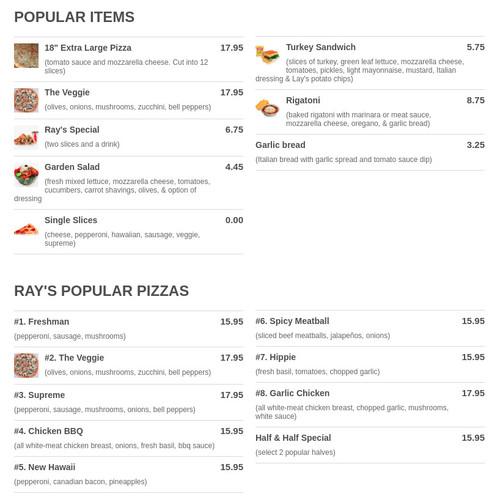 Ray's Pizza menu in Irvine, California, USA