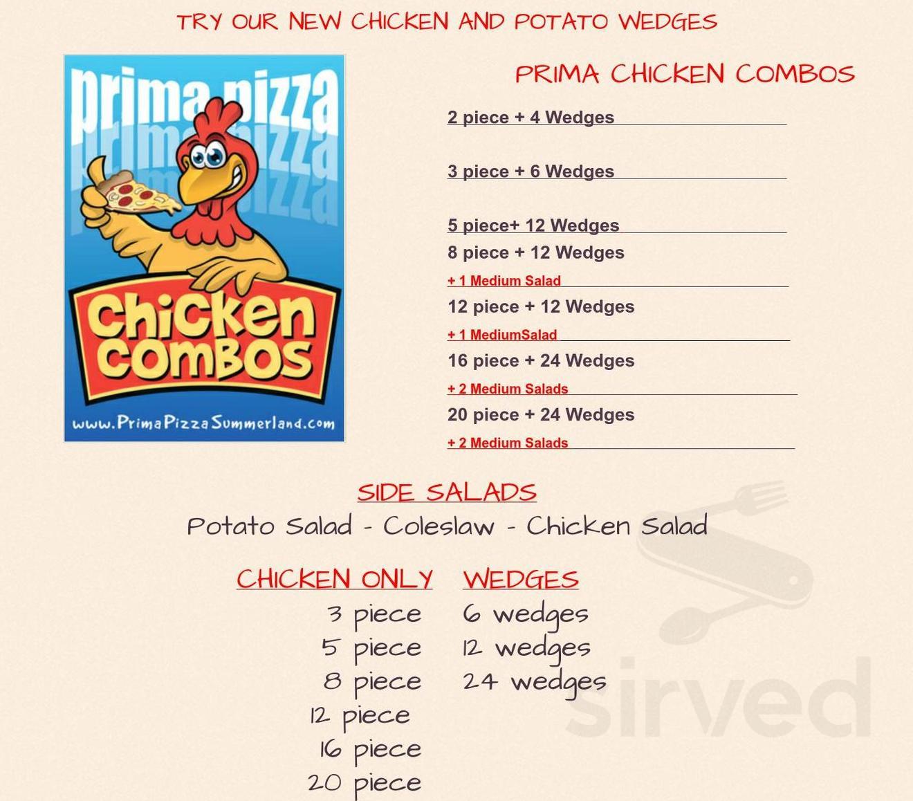 Prima Pizza & Chicken menu in Summerland, British Columbia