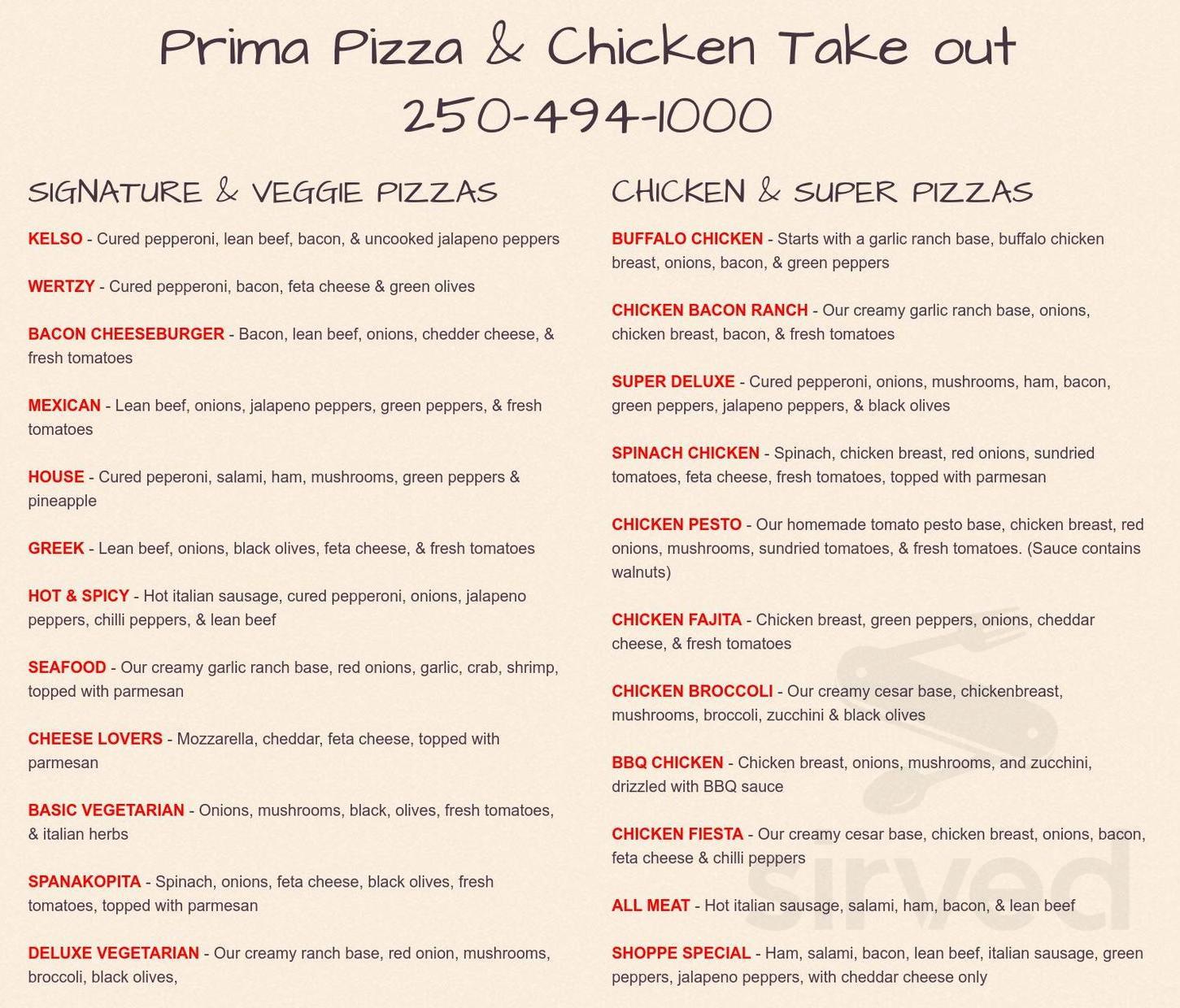 Prima Pizza & Chicken menu in Summerland, British Columbia