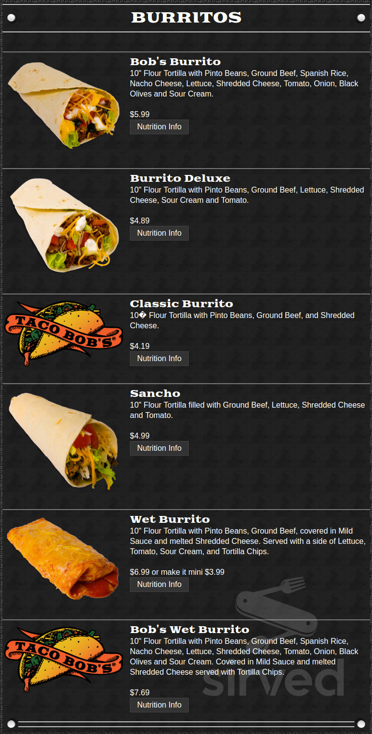 Taco Bob's menu in Kentwood, Michigan, USA