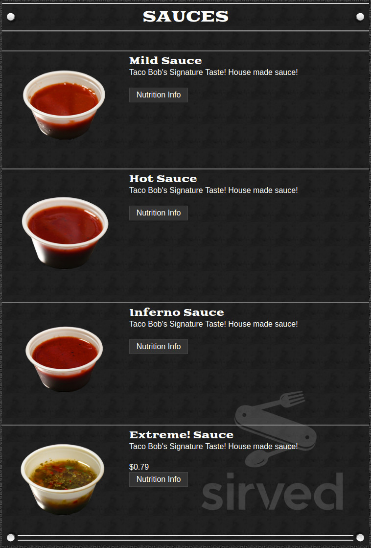 Taco Bob's menu in Kentwood, Michigan, USA