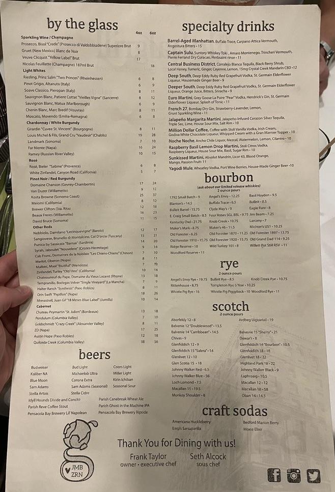 Global Grill menu in Pensacola, Florida, USA