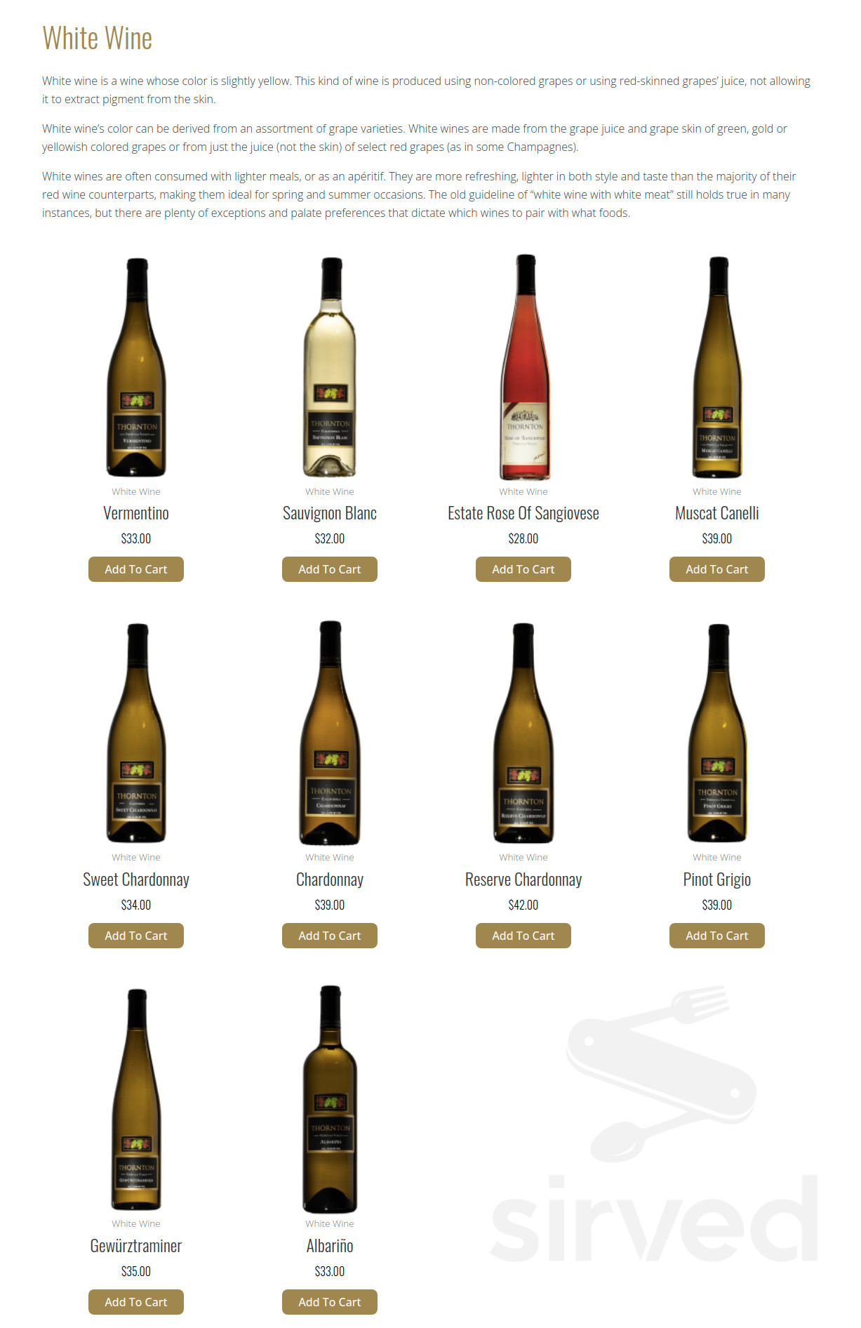 Thornton Winery menu in Temecula, California, USA