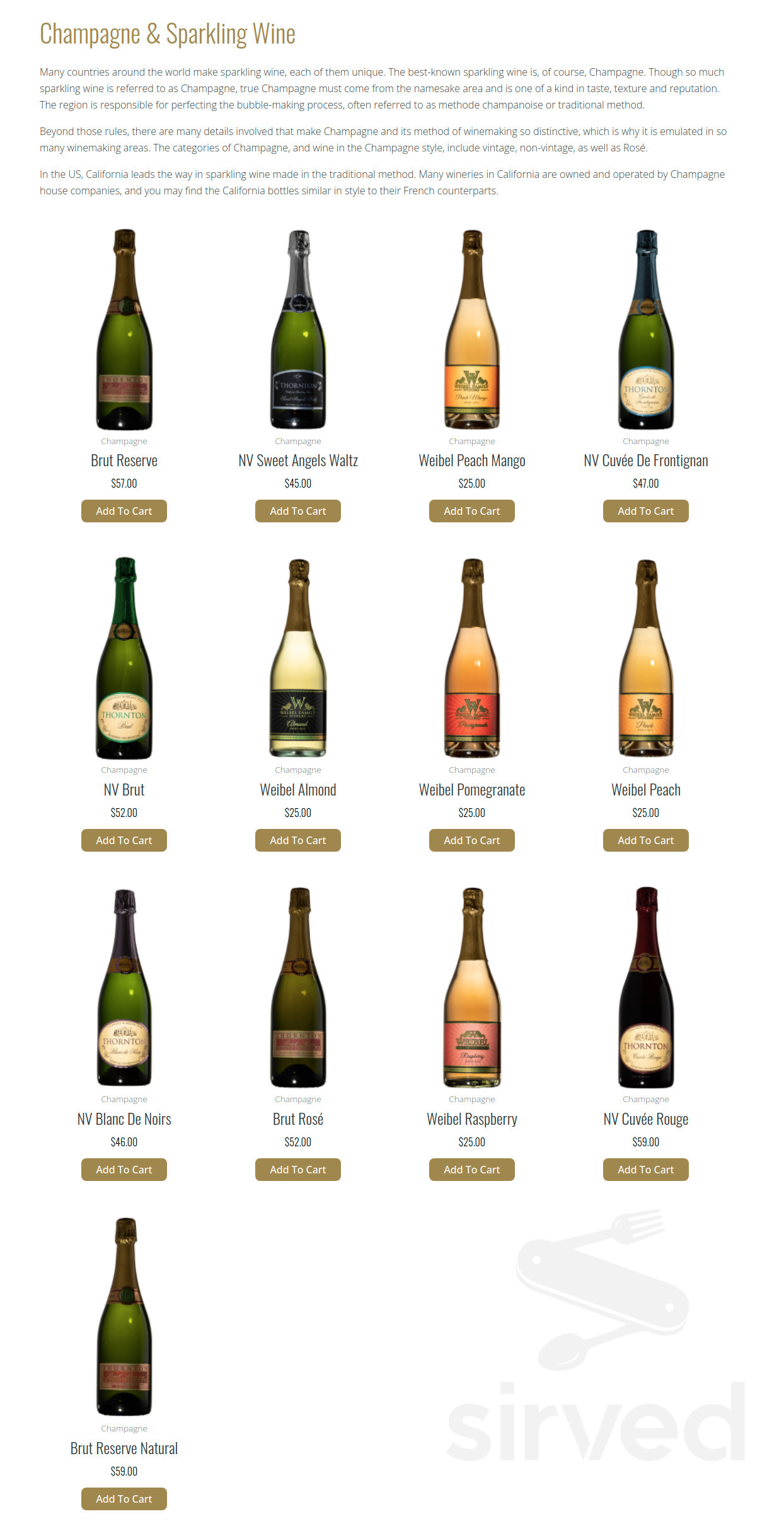 Thornton Winery menu in Temecula, California, USA