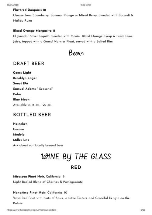 Tops Diner menu in East Newark, New Jersey, USA