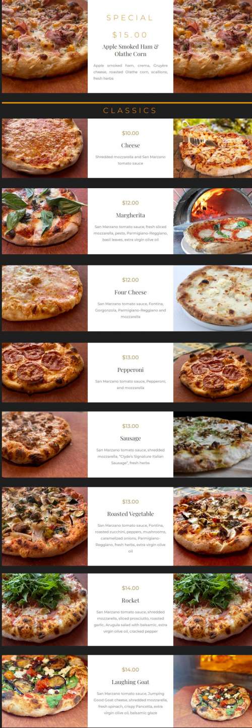 Clyde's Pies menu in Steamboat Springs, Colorado, USA