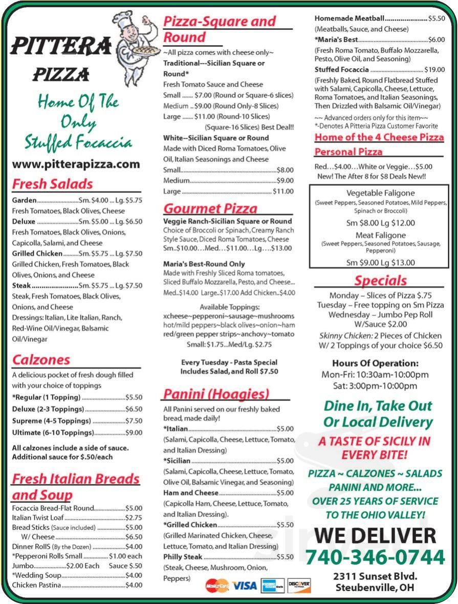 Menu for Pittera Pizza in Steubenville, OH | Sirved