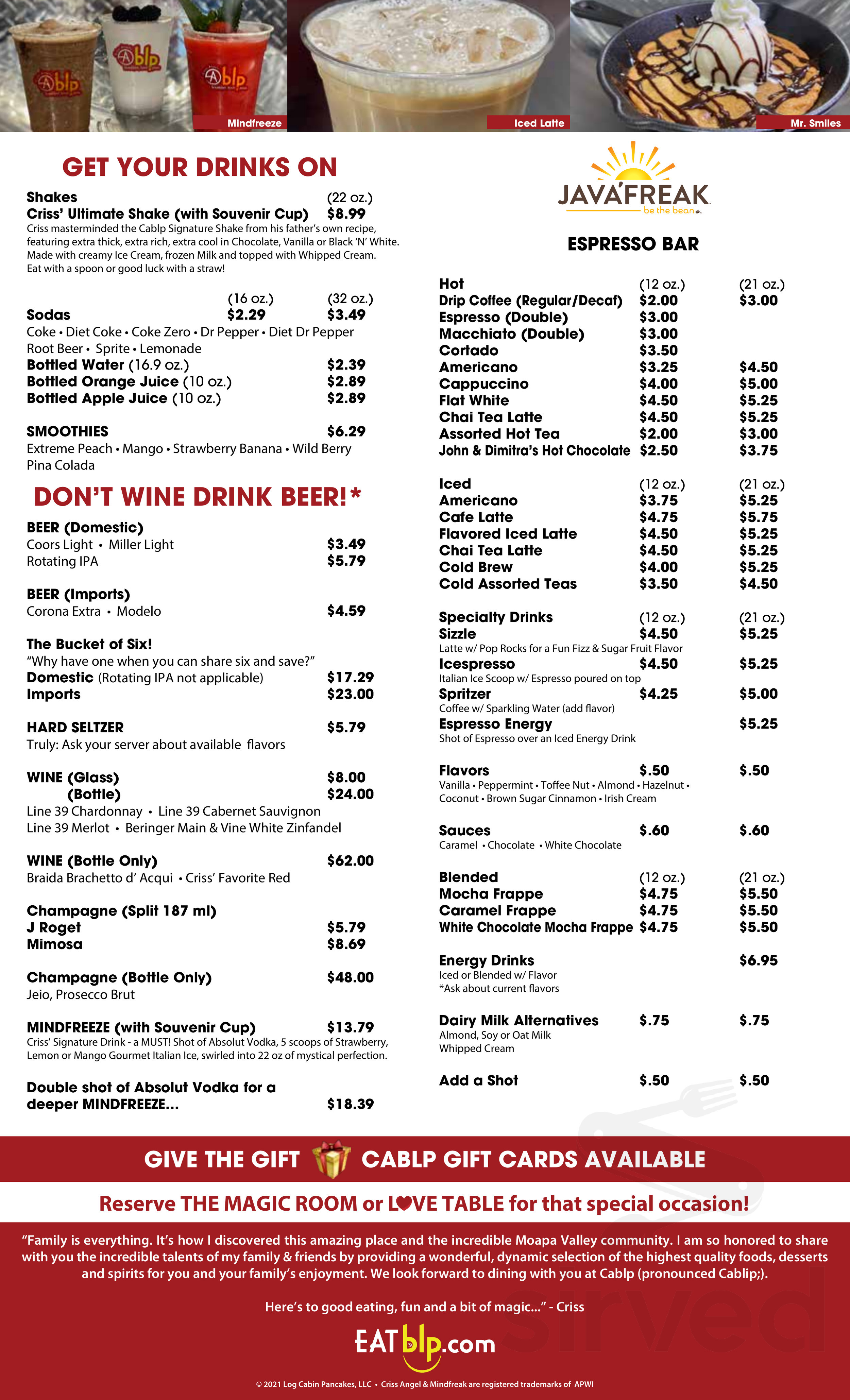 Cablp menu in Moapa Valley, Nevada, USA