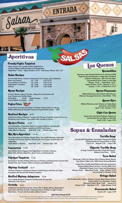 Salsas Mexican Restaurant menu in Galveston, Texas, USA