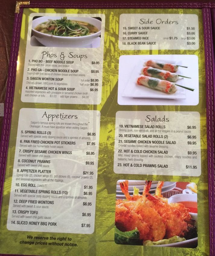 Saigon On Main menu in Penticton, British Columbia