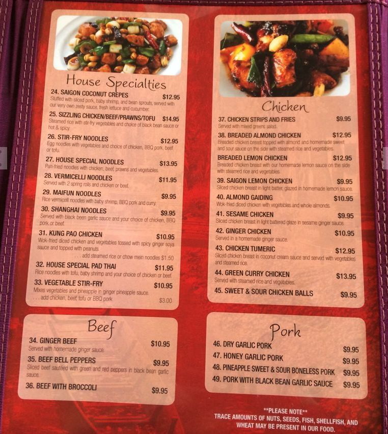 Saigon On Main menu in Penticton, British Columbia