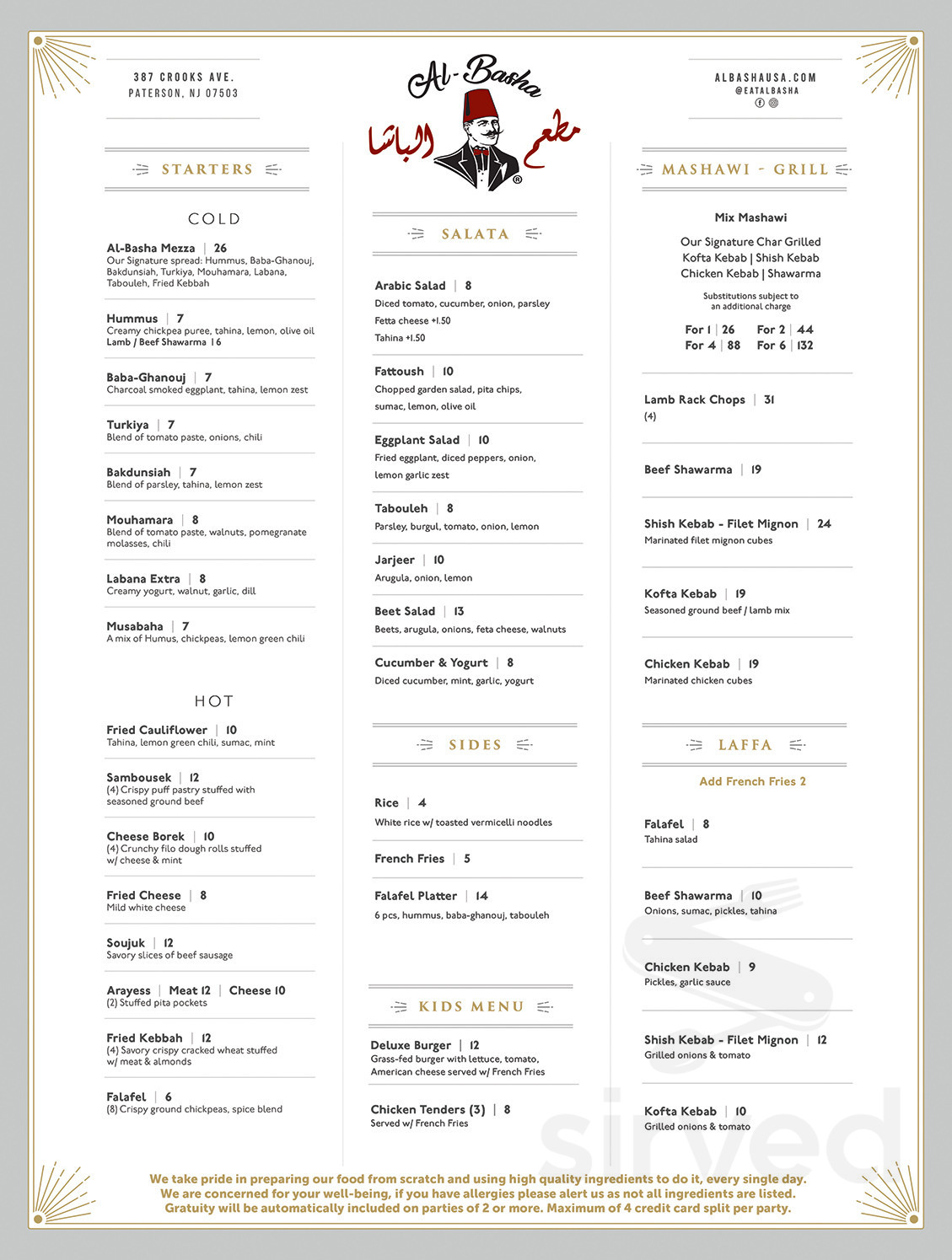 Al-Basha Restaurant Dine-In Only menu in Paterson, New Jersey, USA