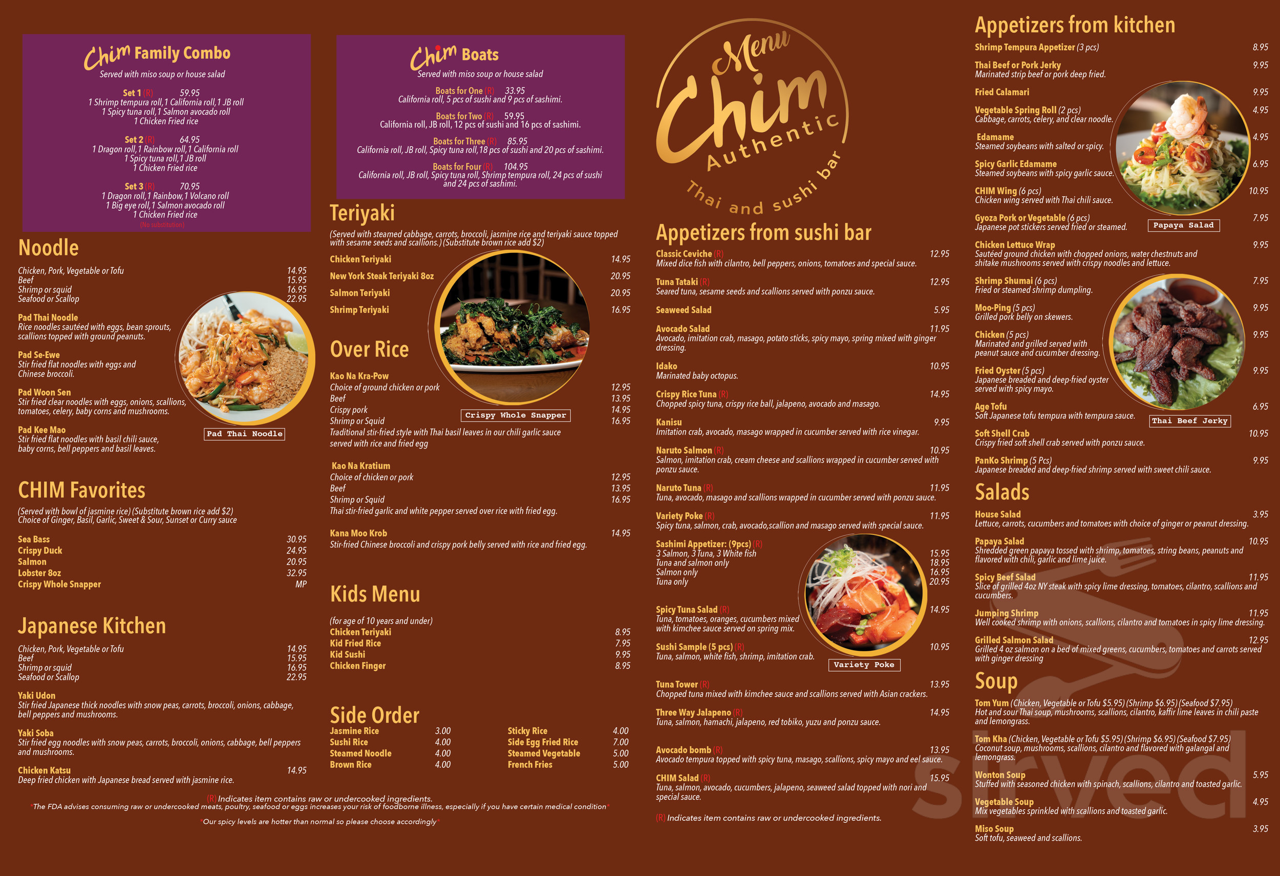 Chim authentic thai and sushi bar menu in plantation florida usa