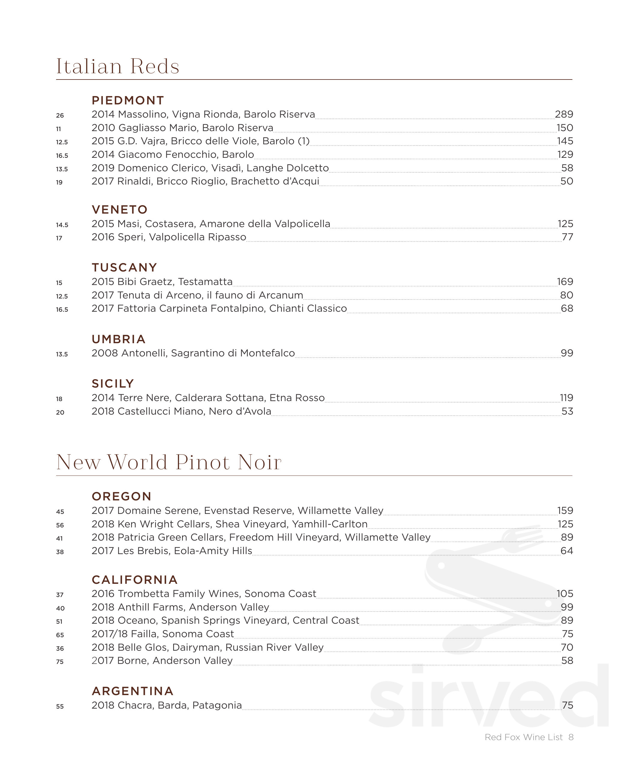 The Red Fox Inn & Tavern wine menu in Middleburg, Virginia