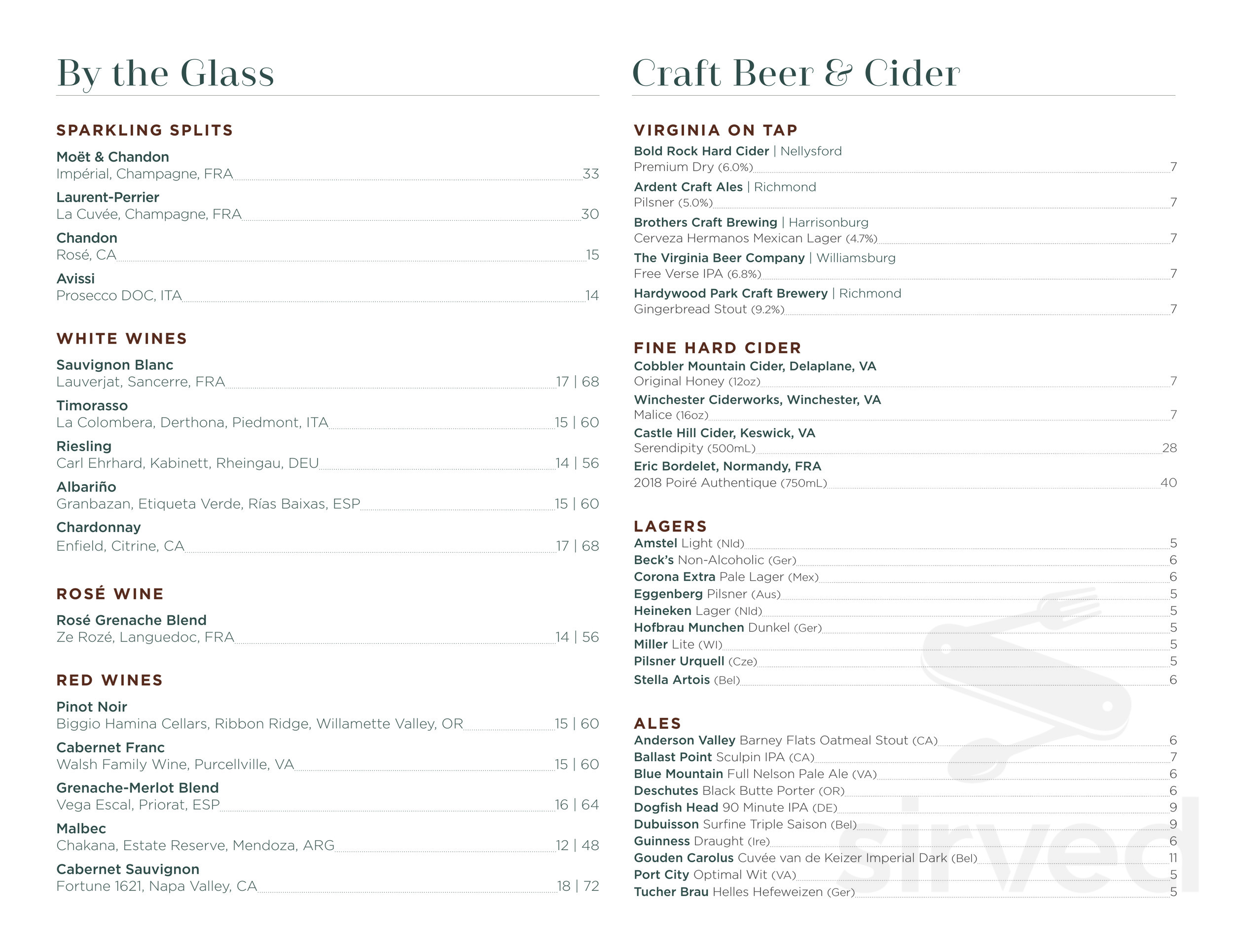 The Red Fox Inn & Tavern drink menu in Middleburg, Virginia