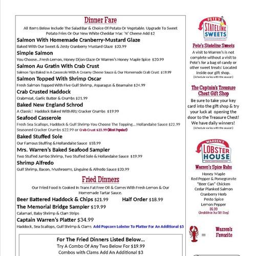 Warren's Lobster House menu in Kittery, Maine, USA