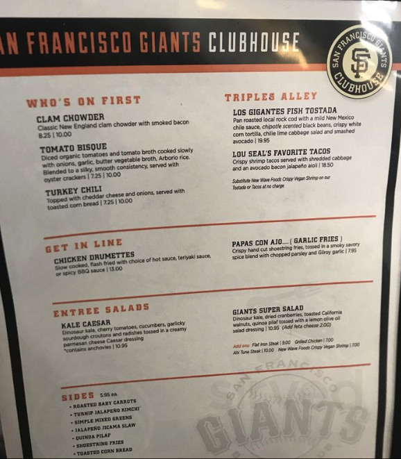San Francisco Giants Club House menu in San Francisco, California, USA