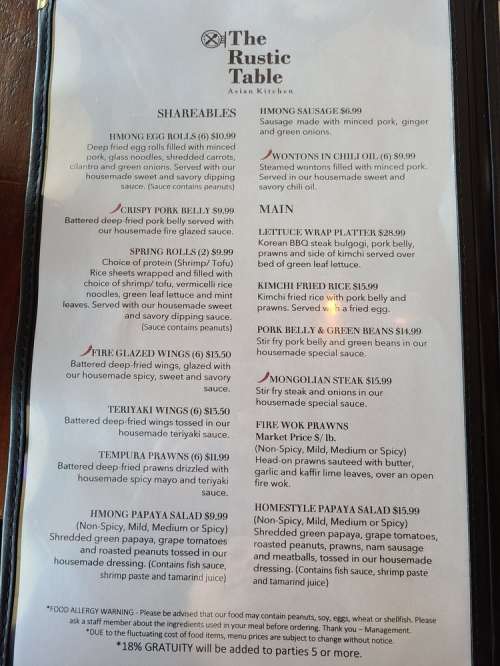 The Rustic Table Asian Kitchen menu in Redding, California, USA